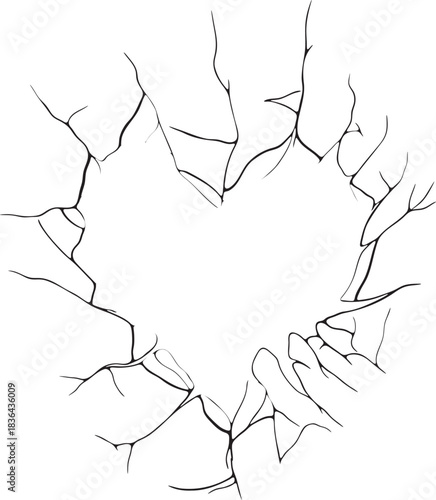 Black outline heart shape formed by cracks on white background