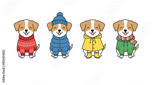 Set of Four Beagle Puppy Dogs Wearing Different Winter and Rain Seasonal Outfits Cartoon Characters for Kids Apparel Design