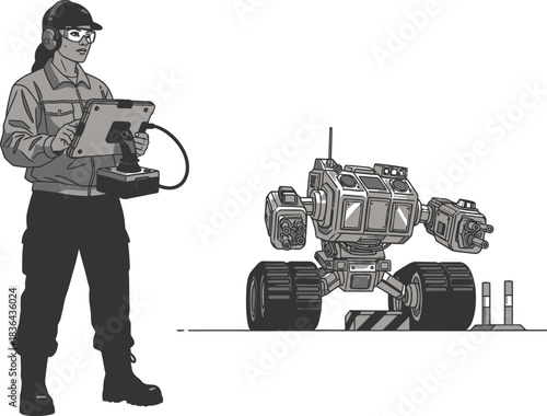 Female technician monitoring robot with tablet