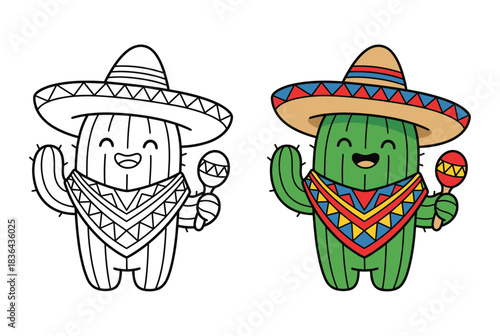 Happy Cactus Mascot Cartoon Character with Sombrero and Maracas for Cinco de Mayo Holiday and Mexican Culture Design