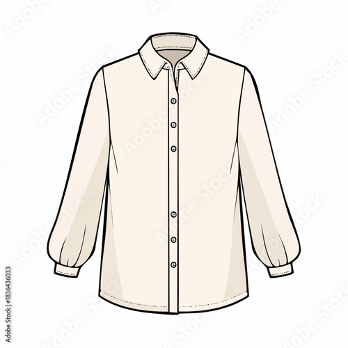 Elegant women's blouse with long bishop sleeves and classic collar, technical fashion flat vector illustration for apparel design