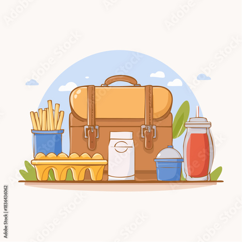 A healthy packed lunch with eggs, milk, and fries, prepared in a stylish brown briefcase
