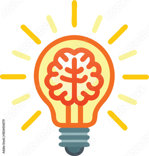 Light bulb showing internal brain structure with yellow rays signifies creative concept well