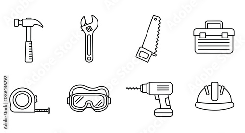 Collection of hand drawn construction and diy tools in a simple outline style