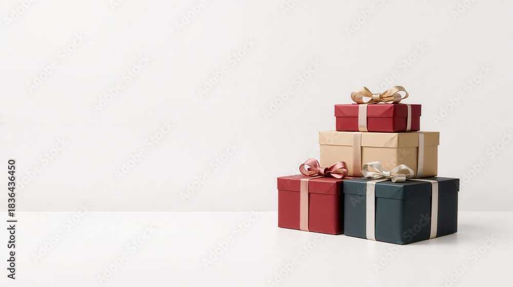Fototapeta premium Pacchi regalo natalizi impilati con decorazioni eleganti su sfondo chiaro. Generative AI