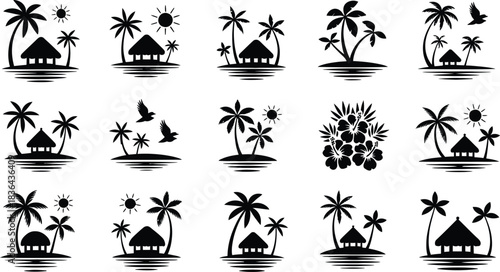 Set of tropical island silhouettes with palm trees huts birds and sun for travel tourism vacation or summer themed designs in black and white style