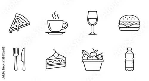 Collection of simple line art icons representing food and drink items