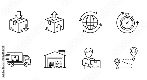 Set of hand drawn icons representing logistics and delivery services