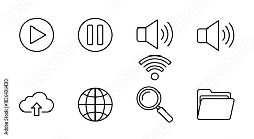 Collection of simple black and white line art icons for digital media and technology
