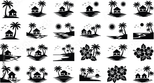 Collection of tropical island silhouettes featuring palm trees beach huts and ocean views ideal for summer vacation travel and relaxation themed designs and graphics