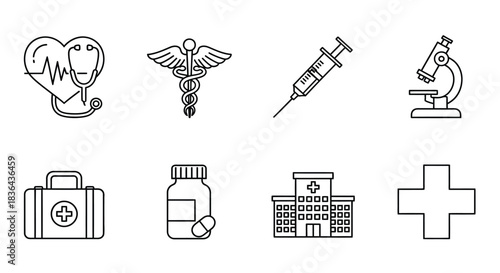 Collection of hand drawn medical icons and symbols in black and white