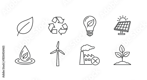 Set of hand drawn icons representing renewable energy and environmental protection