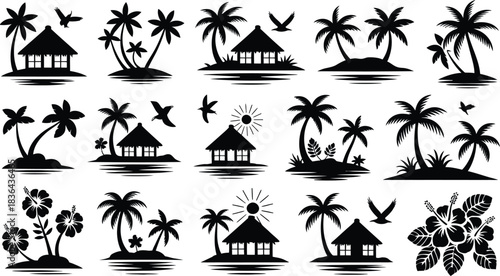 Collection of tropical island silhouettes with palm trees huts flowers and birds a set of black and white vector illustrations for summer designs