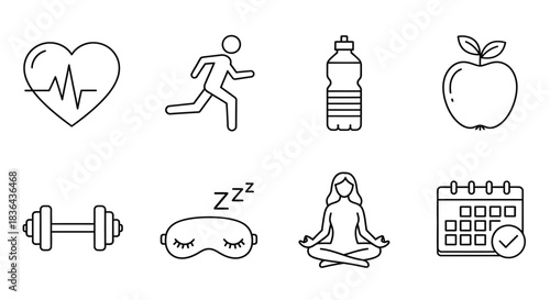 Set of hand drawn icons representing healthy lifestyle and fitness activities