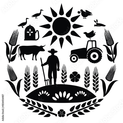 Farm worker with pitchfork stands near tractor and cow under sun in farmland