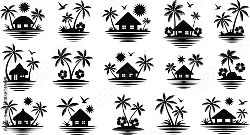 Set of tropical island silhouettes with palm trees huts sun and birds ideal for summer vacation travel and beach themed designs and creative projects