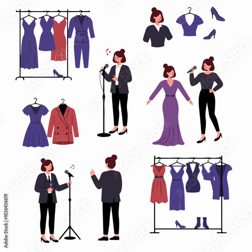 Flat vector set illustrating a woman performer or presenter, her wardrobe options including elegant dresses, suits, and shoes, next to microphones.