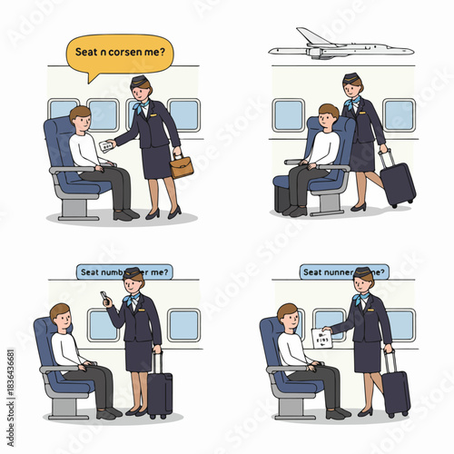 Air Travel Communication Breakdown: Flight attendant checking a passenger's ticket and seat number in a cartoon illustration focusing on language confusion.