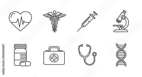 Set of medical icons including heart pulse caduceus syringe microscope pills first aid kit stethoscope and dna