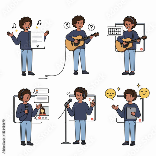 Musician Career Stages Illustration Set: Songwriting, Guitar Practice, Online Music Lessons, Digital Live Performance, Recording, and Audience Interaction via Technology.