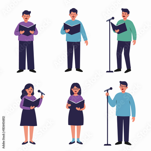 Flat vector illustrations of male and female singers performing, holding songbooks, and using microphones, representing a choir or presentation.