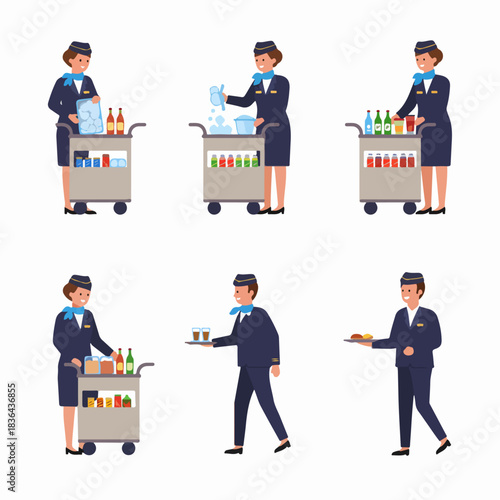 Flight Attendants Serving Food and Drinks Onboard, Cleaning Service Cart, and Providing Airline Customer Care Vector Illustration Set.