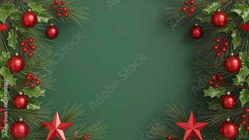 Festive christmas frame with red ornaments and greenery on a green background