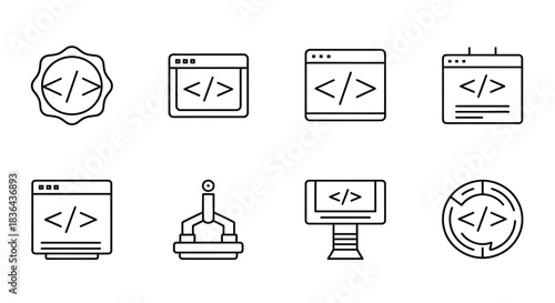 Collection of coding and programming icons representing software development