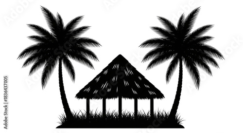 Tropical Beach Hut Silhouette for Vacation Resort Travel Logo Design Summer Relaxation