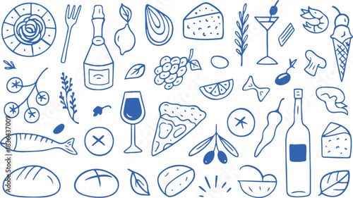 Hand drawn italian food set. Mediterranean lunch and dinner doodle icons. Pasta, olive, pizza, cheese, tomato, lemon, wine. Dolce vita aesthetics vector art and illustration