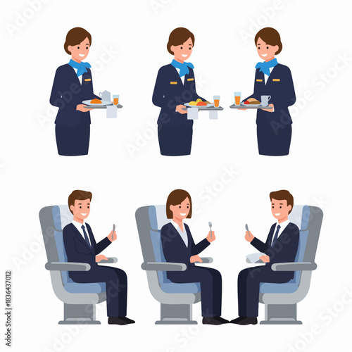Flight attendant serving meals to business class passengers seated on an airplane, illustrating in-flight airline catering and hospitality service vector illustration set.
