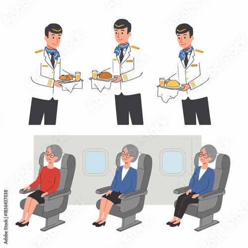 Set of illustrations showing a male flight attendant offering in-flight meals and a senior female passenger sitting comfortably in an airplane seat near a window.