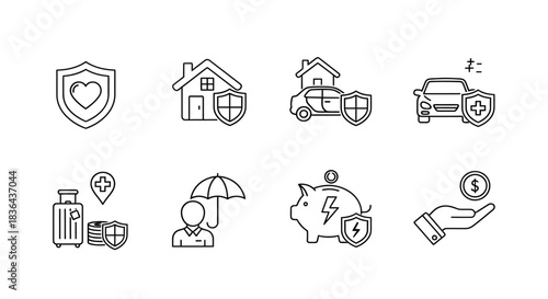 Set of hand drawn insurance icons representing protection and security