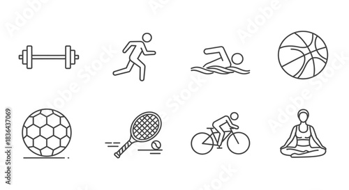 Collection of hand drawn sports and fitness icons in a line art style
