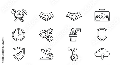 Collection of hand drawn business and finance icons on white background