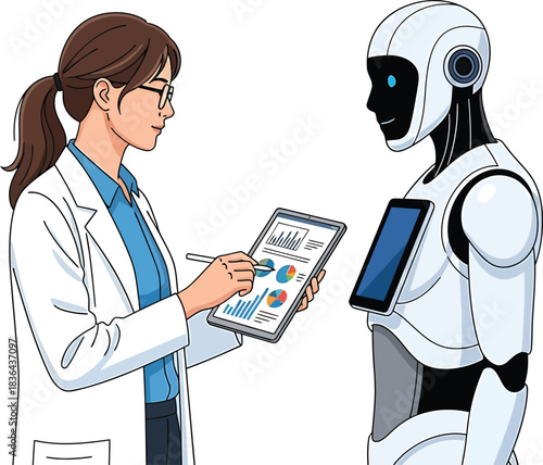 Female technician monitoring robot with tablet