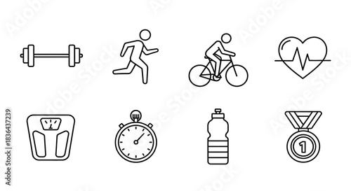 Collection of hand drawn fitness and health icons on a white background