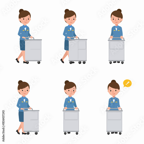 Vector set of female service staff or flight attendant in uniform pushing a trolley cart, isolated on white background.