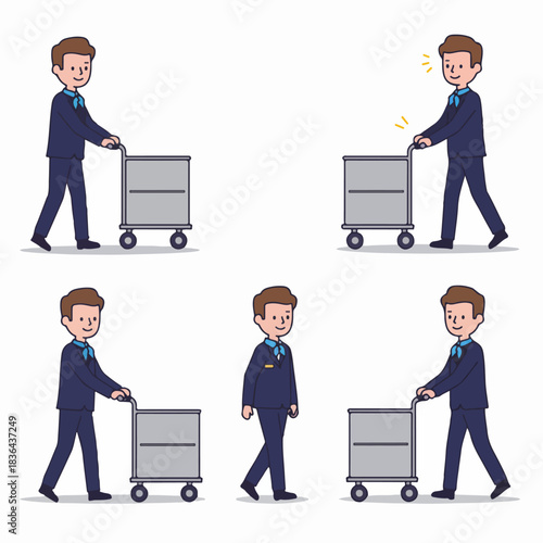 Illustrated character set of a bellhop or hotel porter pushing a luggage trolley, offering attentive service.