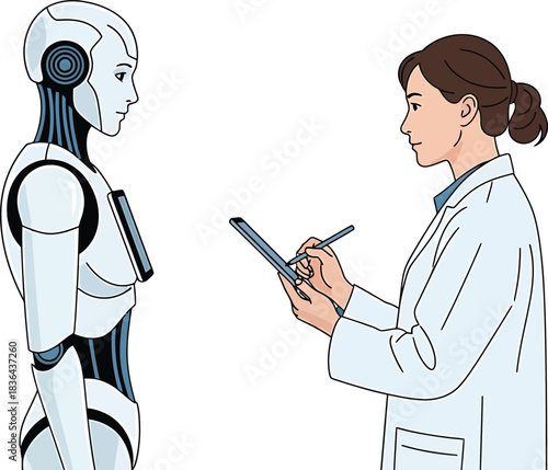 Female technician monitoring robot with tablet