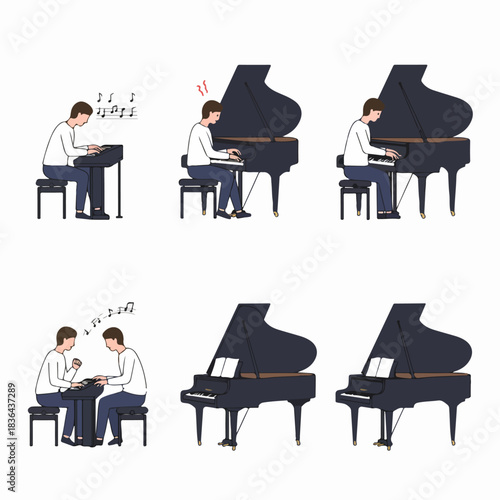 A set of six illustrations showing men interacting with musical instruments like grand pianos and digital keyboards, covering practice, frustration, and duet playing.