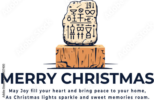 Christmas greeting logo vector with stylized stone tablet featuring ancient symbols on wooden pedestal