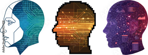 Abstract digital human head silhouettes featuring binary code, pixel effects, and futuristic data networks representing artificial intelligence, technology innovation, and modern analytics