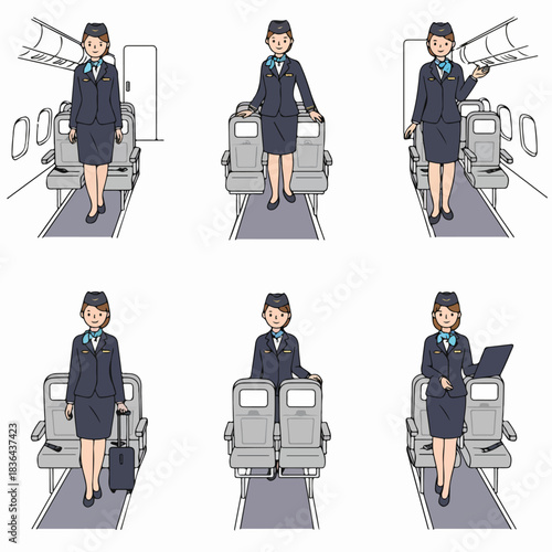 Collection of flight attendant illustrations showing various poses like walking, directing, carrying luggage, and using a laptop in an airplane cabin aisle.