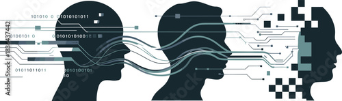 Artificial intelligence data transfer illustration showing digital communication, machine learning connectivity, neural processing, and futuristic technology exchange between human 