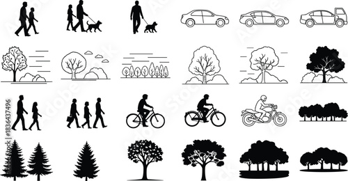 Black and white vector icons of people, vehicles, and trees walking leash