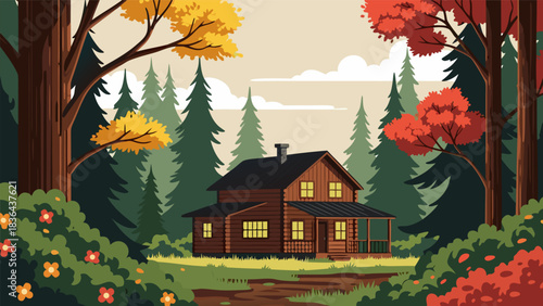 Cozy Cabin in the Woods An Autumnal Retreat Surrounded by Colorful Foliage and Lush Nature
