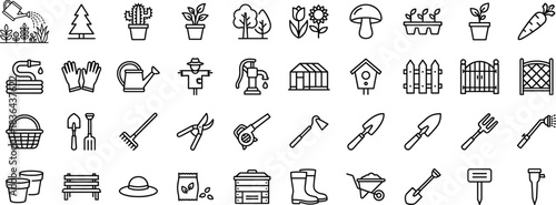 Collection of gardening line icons featuring tools, plants, flowers, fences, pots, watering equipment, greenhouse items, and outdoor garden essentials