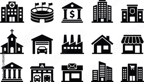 Collection of black building icons featuring hospital, bank, stadium, police station, church, factory, shop, house, garage, and commercial structures