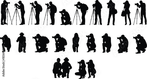 Extensive collection of black silhouettes of professional photographers using cameras on tripods, 